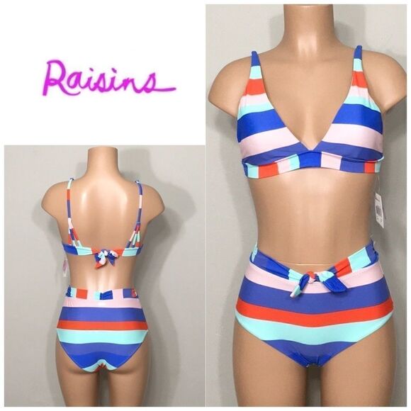 RAISINS stripe high waisted swimsuit. Medium. NWT - Picture 1 of 7